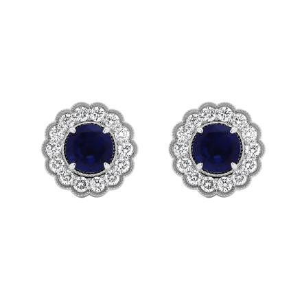 Round Lab Grown Blue Sapphire Milgrain Floral Halo Stud Earrings (4.00 ct. tw., 6.50mm)