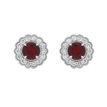 Round Lab Grown Ruby Milgrain Floral Halo Stud Earrings (3.80 ct. tw., 6.50mm)