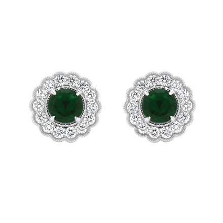 Round Lab Grown Green Emerald Milgrain Floral Halo Stud Earrings (2.80 ct. tw., 6.50mm)