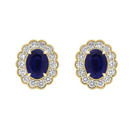 Oval Lab Grown Blue Sapphire Milgrain Floral Halo Stud Earrings (4.25 ct. tw., 8x5.70mm)