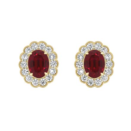 Oval Lab Grown Ruby Milgrain Floral Halo Stud Earrings (4.35 ct. tw., 8x5.70mm)