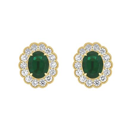 Oval Lab Grown Green Emerald Milgrain Floral Halo Stud Earrings (3.30 ct. tw., 8x5.70mm)