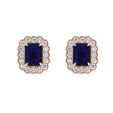 Emerald Cut Lab Grown Blue Sapphire Milgrain Floral Halo Stud Earrings (5.00 ct. tw., 7.5x5.5mm)