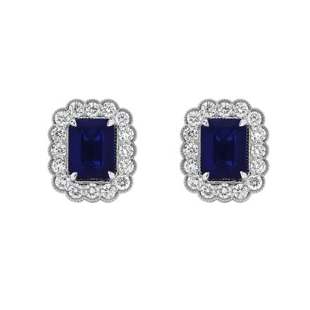 Emerald Cut Lab Grown Blue Sapphire Milgrain Floral Halo Stud Earrings (5.00 ct. tw., 7.5x5.5mm)