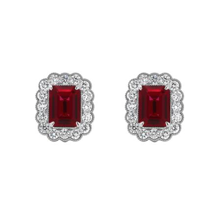 Emerald Cut Lab Grown Ruby Milgrain Floral Halo Stud Earrings (4.90 ct. tw., 8x6mm)