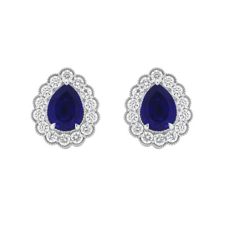 Pear Shaped Lab Grown Blue Sapphire Milgrain Floral Halo Stud Earrings (4.00 ct. tw., 8.7x6.7mm)