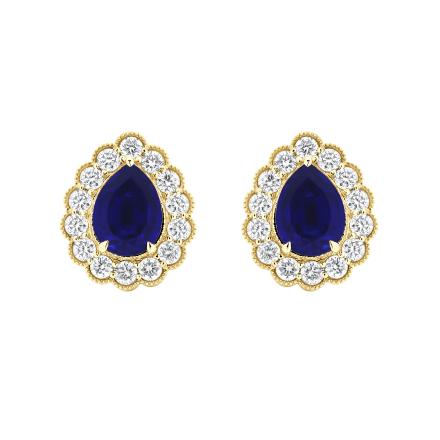 Pear Shaped Lab Grown Blue Sapphire Milgrain Floral Halo Stud Earrings (4.00 ct. tw., 8.7x6.7mm)