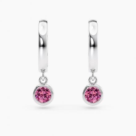 Petite Round Dangle Solitaire Pink Sapphire High Polish Hoop Earrings 1.00ct.tw. 14K White Gold