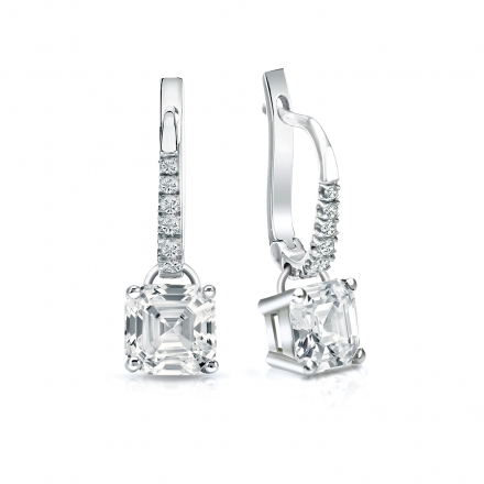 Certified 18k White Gold Dangle Studs 4-Prong Basket Asscher Cut Diamond Earrings 2.00 ct. tw. (H-I, SI1-SI2)