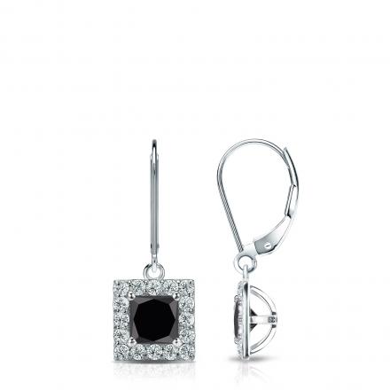 14k White Gold Halo Princess-Cut Black Diamond Stud Earrings
