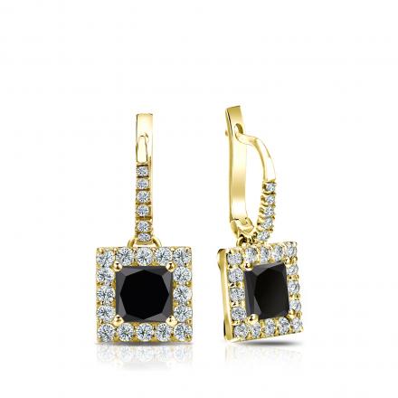 Certified 18k Yellow Gold Dangle Studs Halo Princess-Cut Black Diamond Stud Earrings 1.00 ct. tw.