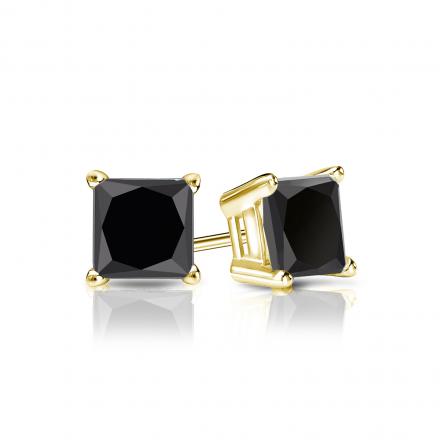 Certified 14k Yellow Gold 4-Prong Basket Princess-Cut Black Diamond Stud Earrings 1.50 ct. tw.