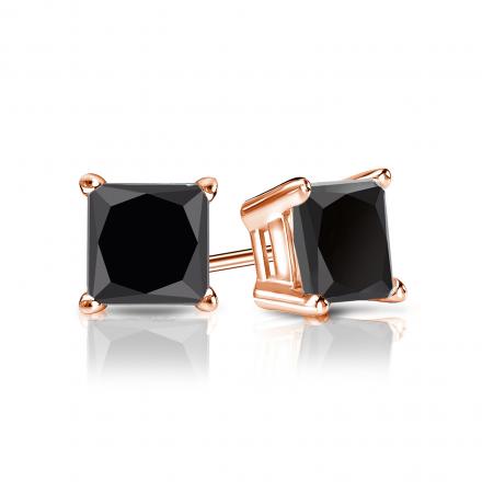 Certified 14k Rose Gold 4-Prong Basket Princess-Cut Black Diamond Stud Earrings 2.00 ct. tw.