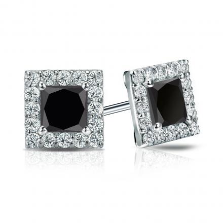 Certified 14k White Gold Halo Princess-Cut Black Diamond Stud Earrings 2.00 ct. tw.