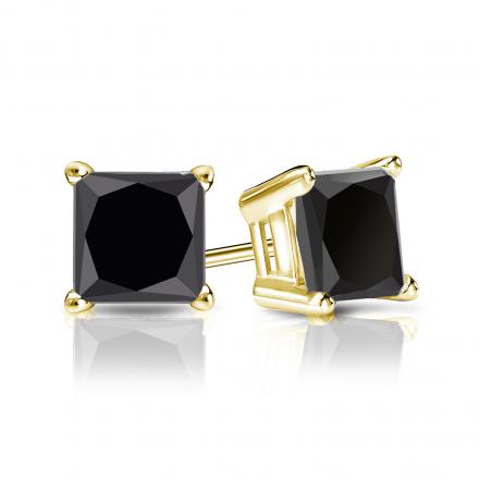 Certified 14k Yellow Gold 4-Prong Basket Princess-Cut Black Diamond Stud Earrings 2.50 ct. tw.