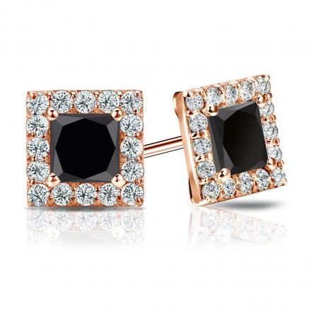 14k Rose Gold Halo Princess-Cut Black Diamond Stud Earrings 2.50 ct. tw.