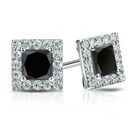 Certified 18k White Gold Halo Princess-Cut Black Diamond Stud Earrings 2.50 ct. tw.