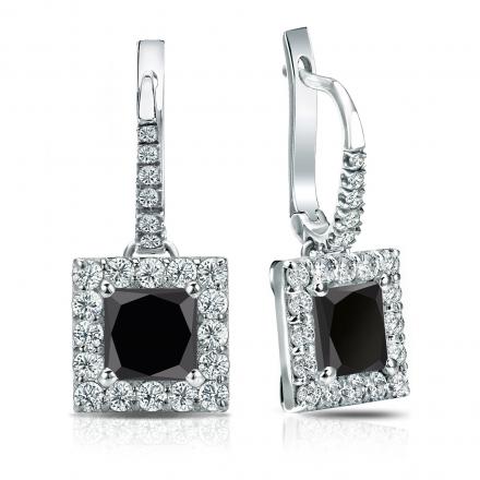 Certified 14k White Gold Dangle Studs Halo Princess-Cut Black Diamond Stud Earrings 2.50 ct. tw.