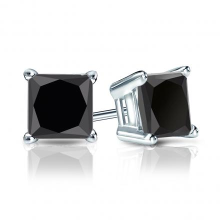 Certified 14k White Gold 4-Prong Basket Princess-Cut Black Diamond Stud Earrings 3.00 ct. tw.