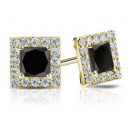 Certified 18k Yellow Gold Halo Princess-Cut Black Diamond Stud Earrings 3.00 ct. tw.