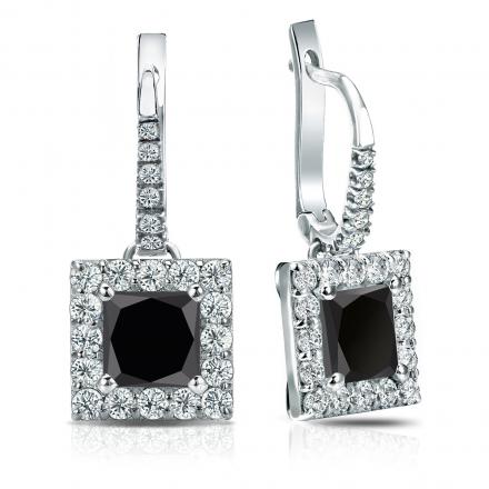 Certified 18k White Gold Dangle Studs Halo Princess-Cut Black Diamond Stud Earrings 3.00 ct. tw.
