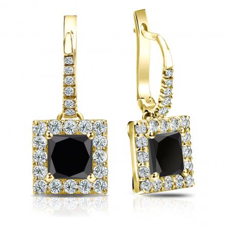 Certified 18k Yellow Gold Dangle Studs Halo Princess-Cut Black Diamond Stud Earrings 3.00 ct. tw.