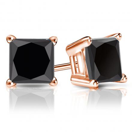 Certified 14k Rose Gold 4-Prong Basket Princess-Cut Black Diamond Stud Earrings 4.00 ct. tw.