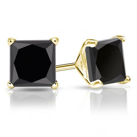 Certified 14k Yellow Gold 4-Prong Martini Princess-Cut Black Diamond Stud Earrings 4.00 ct. tw.