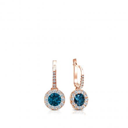 Certified 14k Rose Gold Dangle Studs Halo Round Blue Diamond Earrings 0.50 ct. tw. (Blue, SI1-SI2)