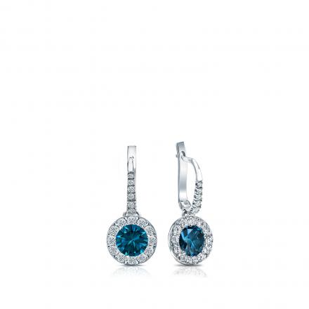 Certified 18k White Gold Dangle Studs Halo Round Blue Diamond Earrings 0.50 ct. tw. (Blue, SI1-SI2)