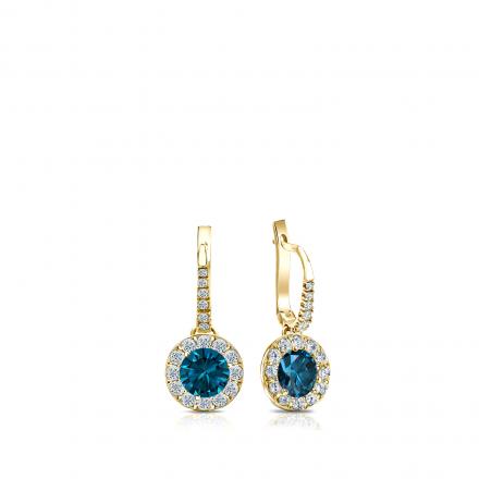 Certified 18k Yellow Gold Dangle Studs Halo Round Blue Diamond Earrings 0.50 ct. tw. (Blue, SI1-SI2)
