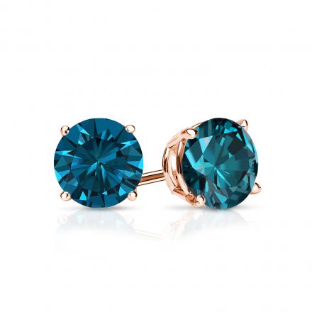 Certified 14k Rose Gold 4-Prong Basket Round Blue Diamond Stud Earrings 0.75 ct. tw. (Blue, SI1-SI2)