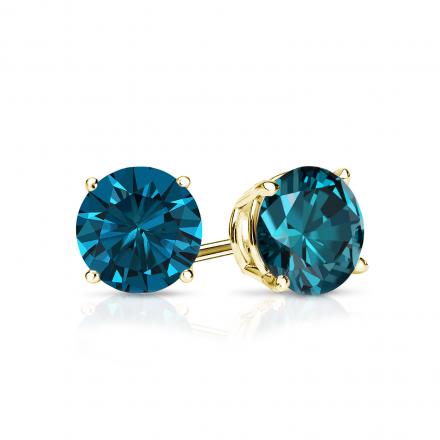 Certified 18k Yellow Gold 4-Prong Basket Round Blue Diamond Stud Earrings 0.75 ct. tw. (Blue, SI1-SI2)