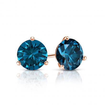 Certified 14k Rose Gold 3-Prong Martini Round Blue Diamond Stud Earrings 0.75 ct. tw. (Blue, SI1-SI2)