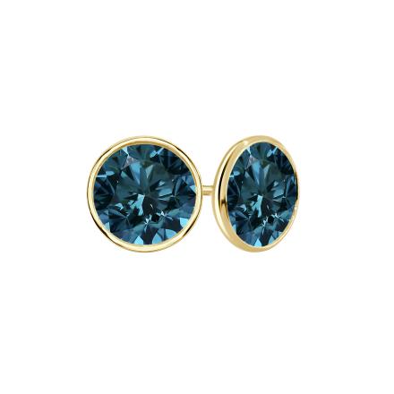 18k Yellow Gold Bezel Round Blue Diamond Stud Earrings 3.00 ct. tw. (Blue, SI1-SI2)