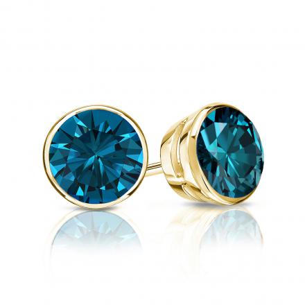 Certified 14k Yellow Gold Bezel Round Blue Diamond Stud Earrings 1.00 ct. tw. (Blue, SI1-SI2)