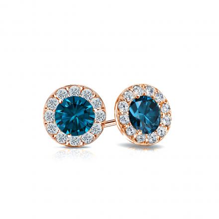 Certified 14k Rose Gold Halo Round Blue Diamond Stud Earrings 1.00 ct. tw. (Blue, SI1-SI2)