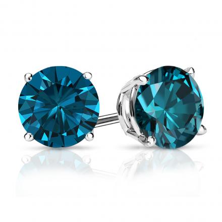 Certified 14k White Gold 4-Prong Basket Round Blue Diamond Stud Earrings 1.50 ct. tw. (Blue, SI1-SI2)