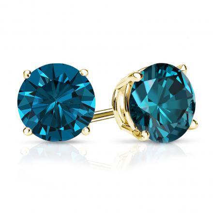 Certified 14k Yellow Gold 4-Prong Basket Round Blue Diamond Stud Earrings 1.50 ct. tw. (Blue, SI1-SI2)