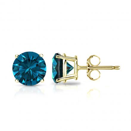 Blue Diamond Stud Earrings Round 1.50 ct. tw. (Blue, VS) in 14k Yellow Gold 4-Prong Basket