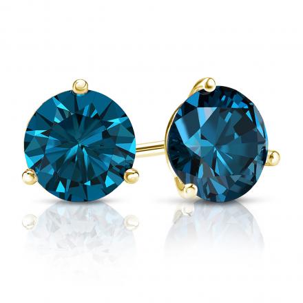Certified 14k Yellow Gold 3-Prong Martini Round Blue Diamond Stud Earrings 1.50 ct. tw. (Blue, SI1-SI2)