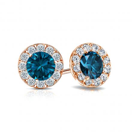Certified 14k Rose Gold Halo Round Blue Diamond Stud Earrings 1.50 ct. tw. (Blue, SI1-SI2)