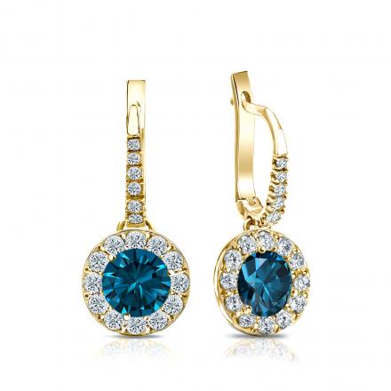 Certified 18k Yellow Gold Dangle Studs Halo Round Blue Diamond Earrings 1.50 ct. tw. (Blue, SI1-SI2)