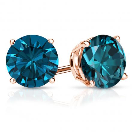 Certified 14k Rose Gold 4-Prong Basket Round Blue Diamond Stud Earrings 3.00 ct. tw. (Blue, SI1-SI2)