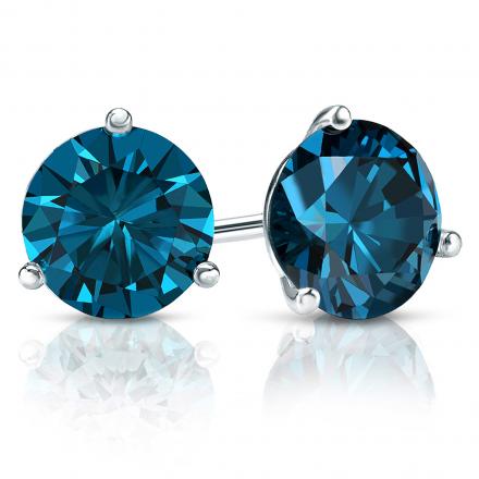 Certified 14k White Gold 3-Prong Martini Round Blue Diamond Stud Earrings 3.00 ct. tw. (Blue, SI1-SI2)