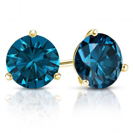 Certified 14k Yellow Gold 3-Prong Martini Round Blue Diamond Stud Earrings 2.00 ct. tw. (Blue, SI1-SI2)