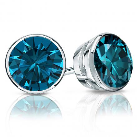 Certified 14k White Gold Bezel Round Blue Diamond Stud Earrings 2.00 ct. tw. (Blue, SI1-SI2)