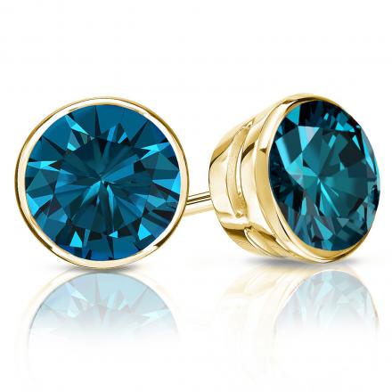 Certified 18k Yellow Gold Bezel Round Blue Diamond Stud Earrings 3.00 ct. tw. (Blue, SI1-SI2)