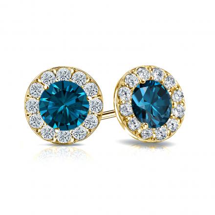 Certified 14k Yellow Gold Halo Round Blue Diamond Stud Earrings 2.00 ct. tw. (Blue, SI1-SI2)
