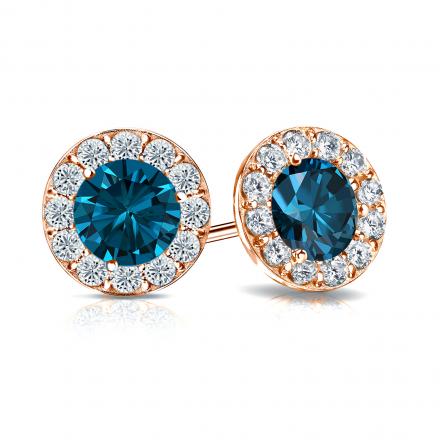 Certified 14k Rose Gold Halo Round Blue Diamond Stud Earrings 2.50 ct. tw. (Blue, SI1-SI2)